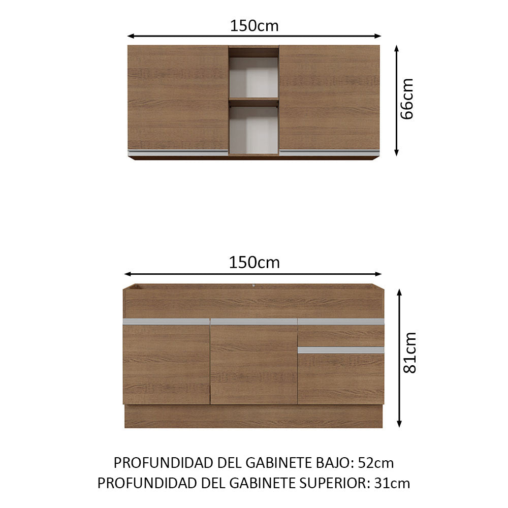 Cocina Integral Glamy Marron 150x81cm sin Mesón sin Estufa y con Dos Cajones - COCINAS | Bylmo