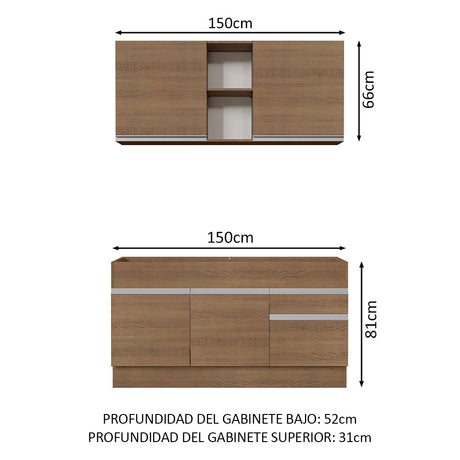 Cocina Integral Glamy Marron 150x81cm sin Mesón sin Estufa y con Dos Cajones - COCINAS | Bylmo
