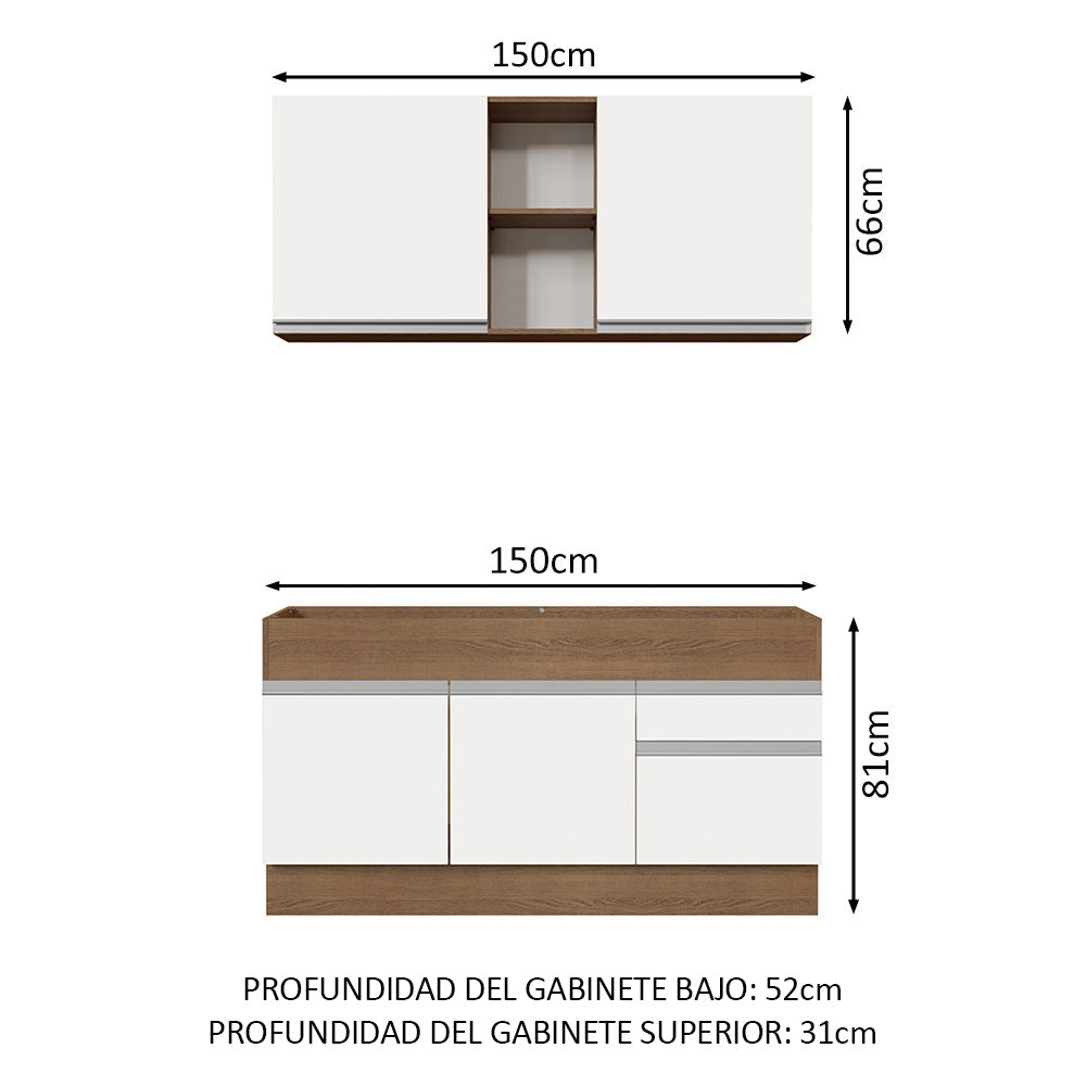Cocina Integral Glamy Marron y Blanco 150x81cm sin Mesón sin Estufa y con Dos Cajones - COCINAS | Bylmo