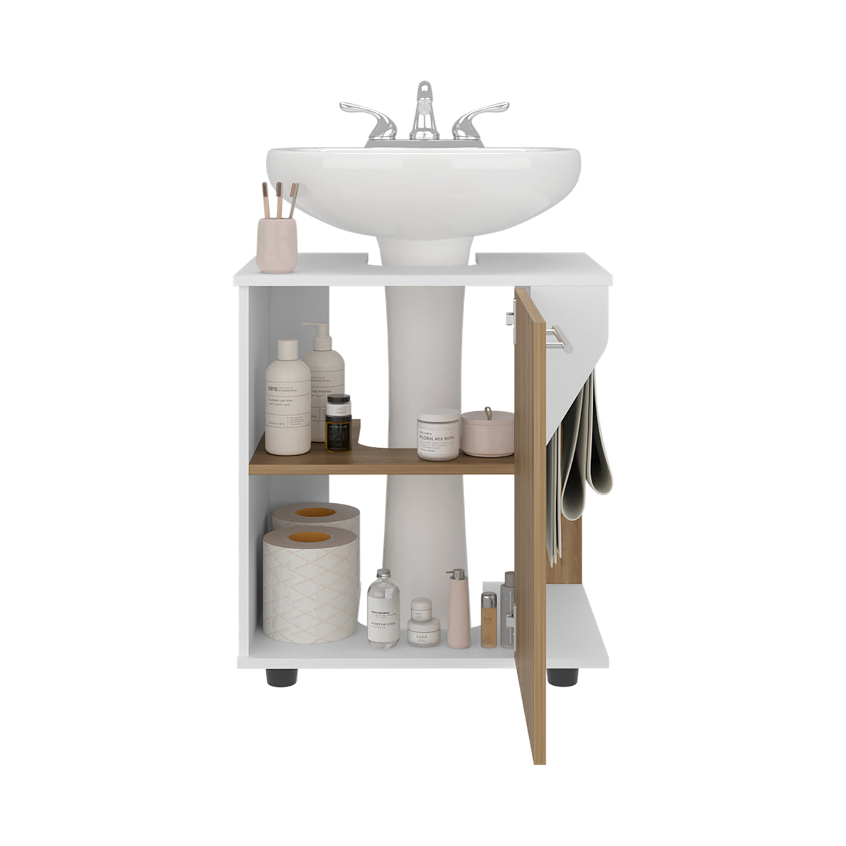 Mueble para Lavamanos Phillips Blanco y Fresno Europeo 56x62.1cm Individual sin Lavamanos con Una Puerta - MUEBLES PARA LAVAMANOS | Bylmo