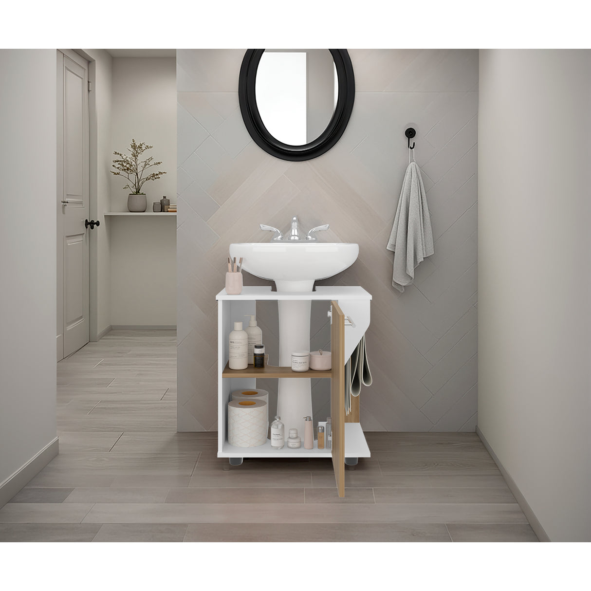 Mueble para Lavamanos Phillips Blanco y Fresno Europeo 56x62.1cm Individual sin Lavamanos con Una Puerta - MUEBLES PARA LAVAMANOS | Bylmo