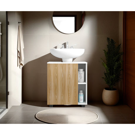 Mueble para Lavamanos Pascuale Blanco y Fresno Europeo 55x62cm Individual sin Lavamanos con Una Puerta - MUEBLES PARA LAVAMANOS | Bylmo