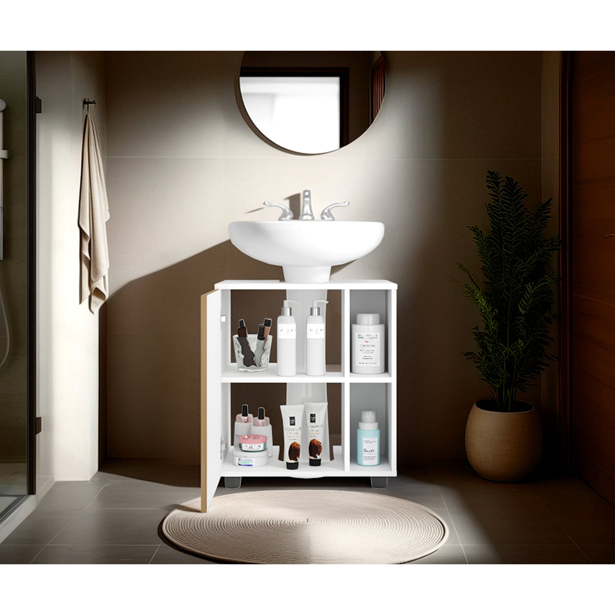 Mueble para Lavamanos Pascuale Blanco y Fresno Europeo 55x62cm Individual sin Lavamanos con Una Puerta - MUEBLES PARA LAVAMANOS | Bylmo