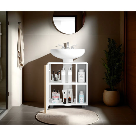 Mueble para Lavamanos Pascuale Blanco y Fresno Europeo 55x62cm Individual sin Lavamanos con Una Puerta - MUEBLES PARA LAVAMANOS | Bylmo