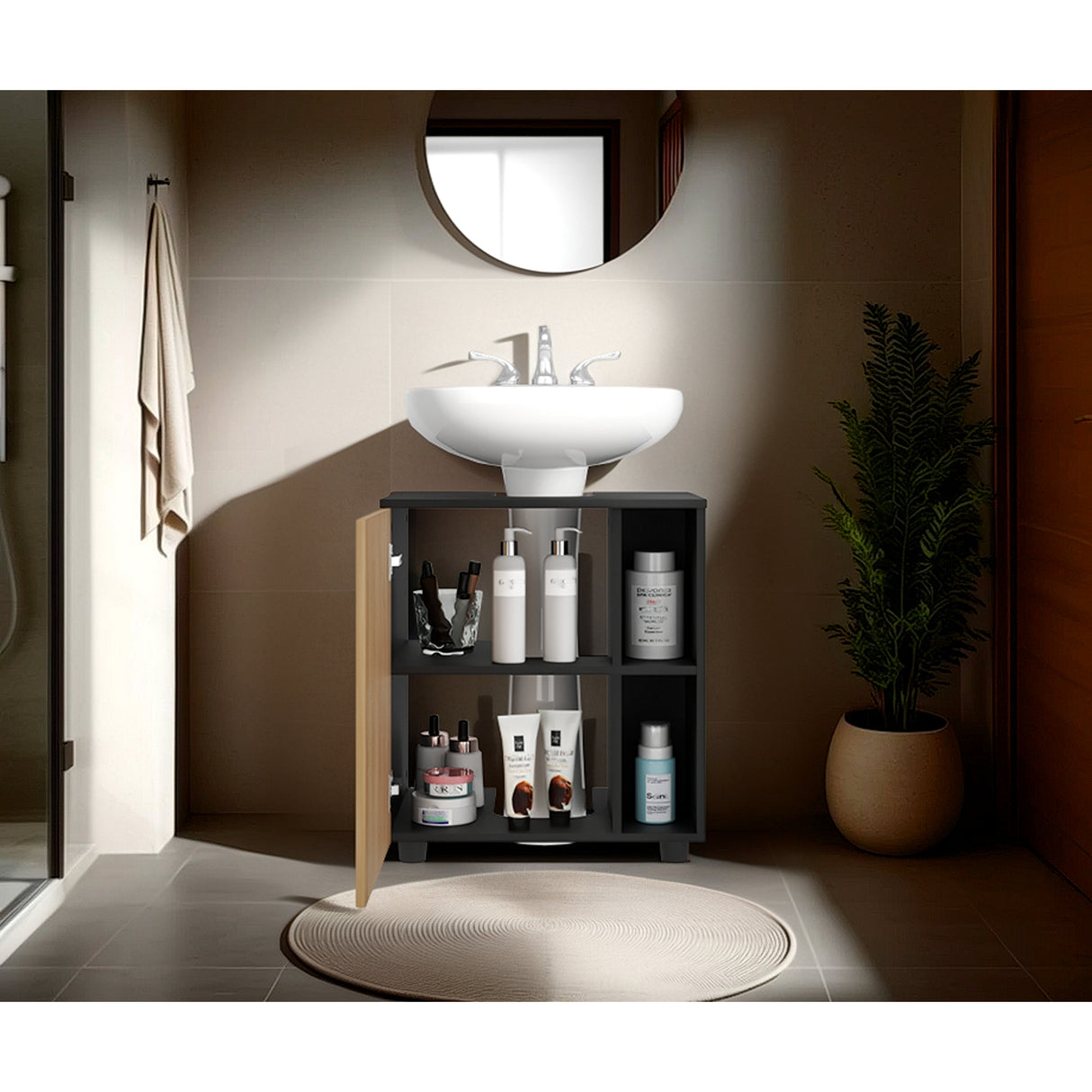 Mueble para Lavamanos Pascuale Fresno Europeo y Wengue 55x62cm Individual sin Lavamanos con Una Puerta - MUEBLES PARA LAVAMANOS | Bylmo