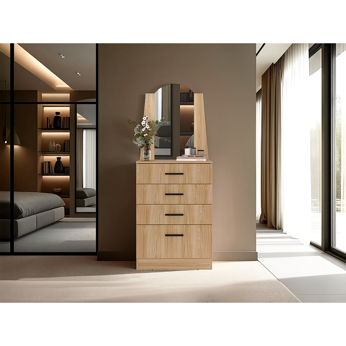 Cómoda Praga Fresno 63x151cm de Cuatro Hileras con Tres Cajones con Espacio para Tv y con Espejo - CAJONERAS Y COMODAS | Bylmo