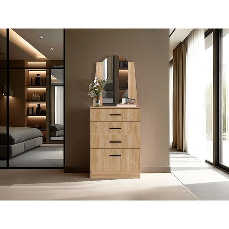 Cómoda Praga Fresno 63x151cm de Cuatro Hileras con Tres Cajones con Espacio para Tv y con Espejo - CAJONERAS Y COMODAS | Bylmo