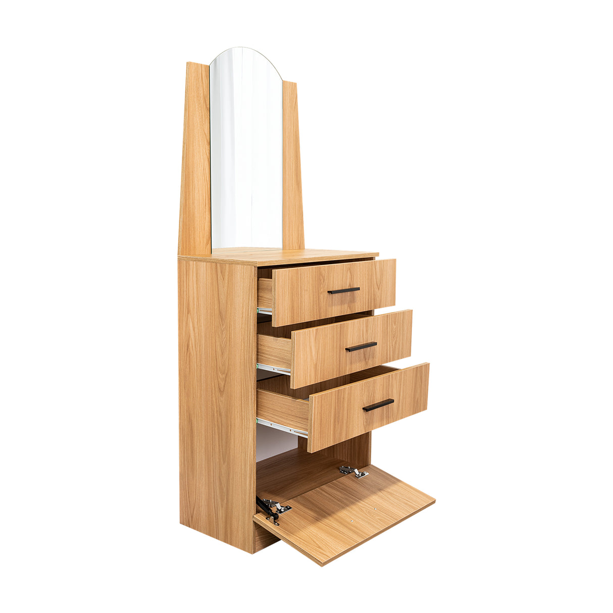 Cómoda Praga Fresno 63x151cm de Cuatro Hileras con Tres Cajones con Espacio para Tv y con Espejo - CAJONERAS Y COMODAS | Bylmo