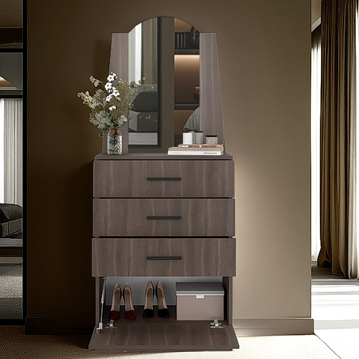 Cómoda Praga Milan 63x151cm de Cuatro Hileras con Tres Cajones con Espacio para Tv y con Espejo - CAJONERAS Y COMODAS | Bylmo