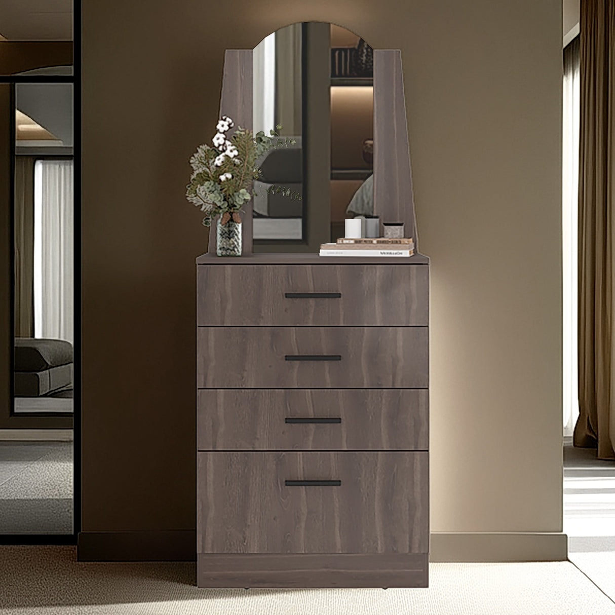 Cómoda Praga Milan 63x151cm de Cuatro Hileras con Tres Cajones con Espacio para Tv y con Espejo - CAJONERAS Y COMODAS | Bylmo