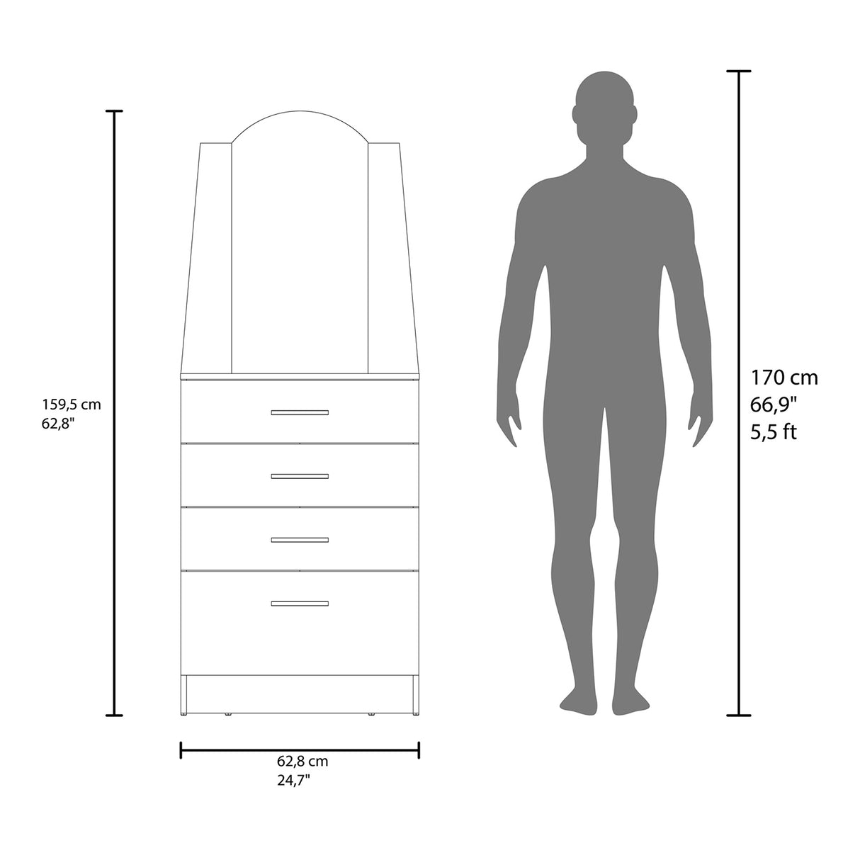 Cómoda Praga Milan 63x151cm de Cuatro Hileras con Tres Cajones con Espacio para Tv y con Espejo - CAJONERAS Y COMODAS | Bylmo