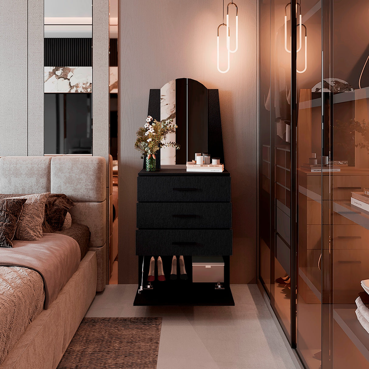 Cómoda Praga Wengue 63x151cm de Cuatro Hileras con Tres Cajones con Espacio para Tv y con Espejo - CAJONERAS Y COMODAS | Bylmo