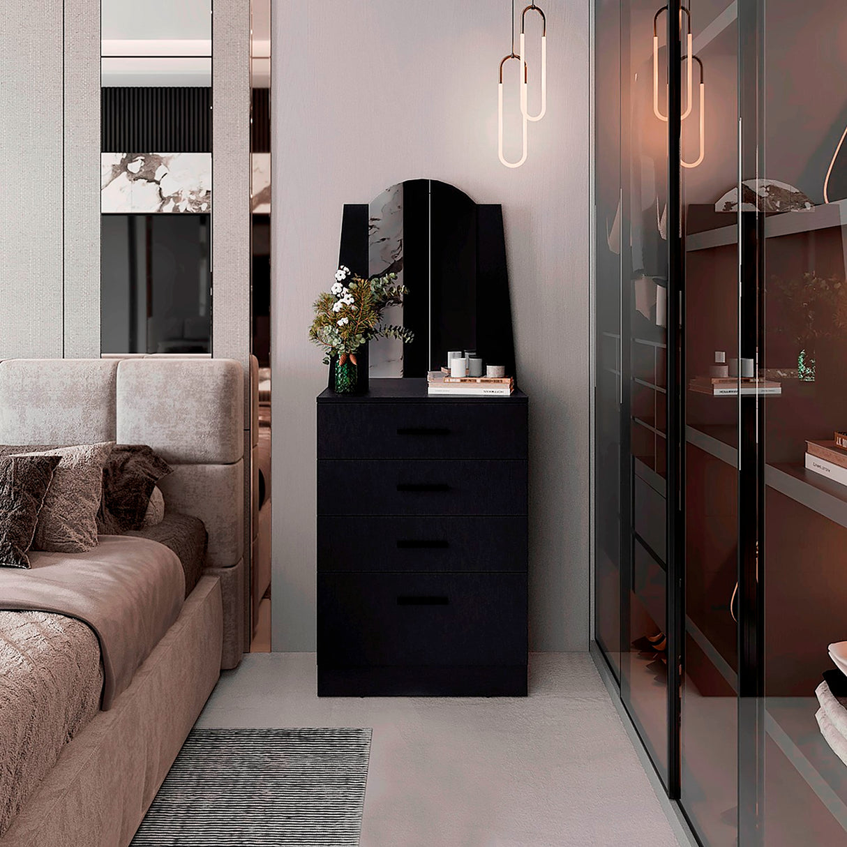 Cómoda Praga Wengue 63x151cm de Cuatro Hileras con Tres Cajones con Espacio para Tv y con Espejo - CAJONERAS Y COMODAS | Bylmo