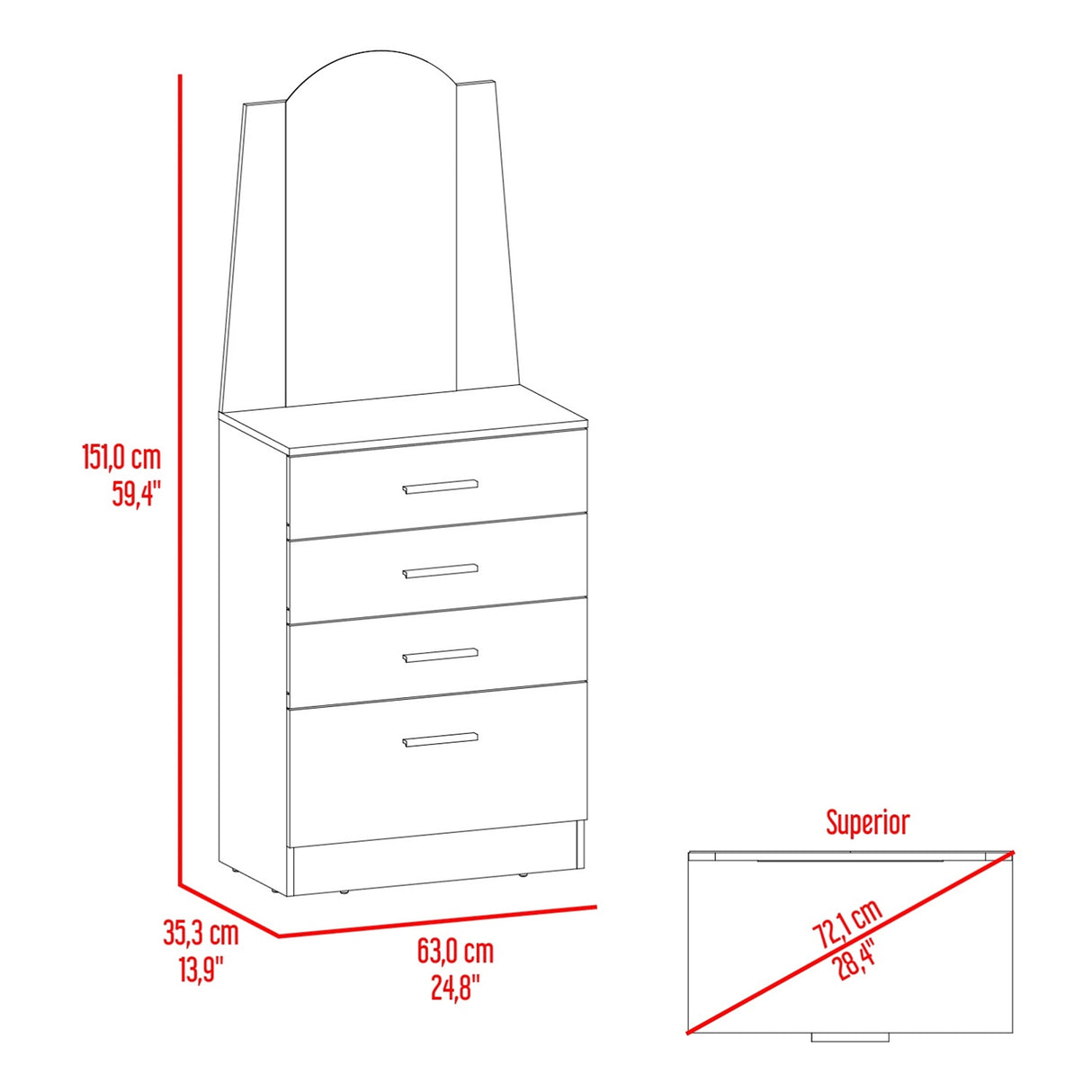 Cómoda Praga Wengue 63x151cm de Cuatro Hileras con Tres Cajones con Espacio para Tv y con Espejo - CAJONERAS Y COMODAS | Bylmo
