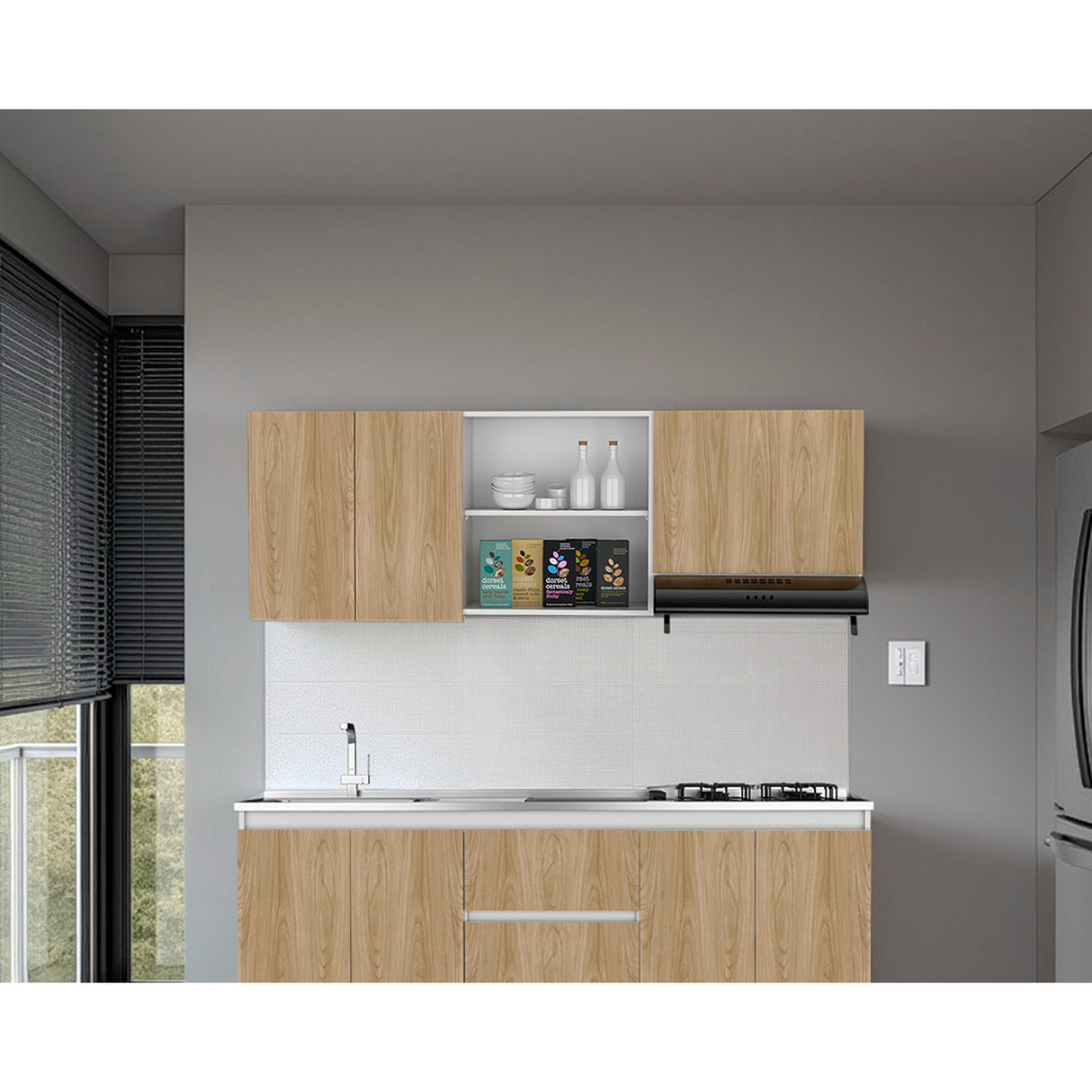 Mueble Superior de Cocina Boreal Blanco Fresno 180x62cm con Tres Puertas y con Locero - MUEBLES SUPERIORES DE COCINA | Bylmo