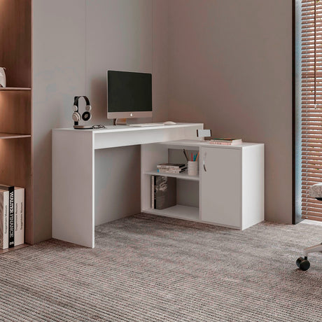 Escritorio en L Axis Eco Blanco 125x71cm con Organizador de Libros y sin Cajones - ESCRITORIOS | Bylmo