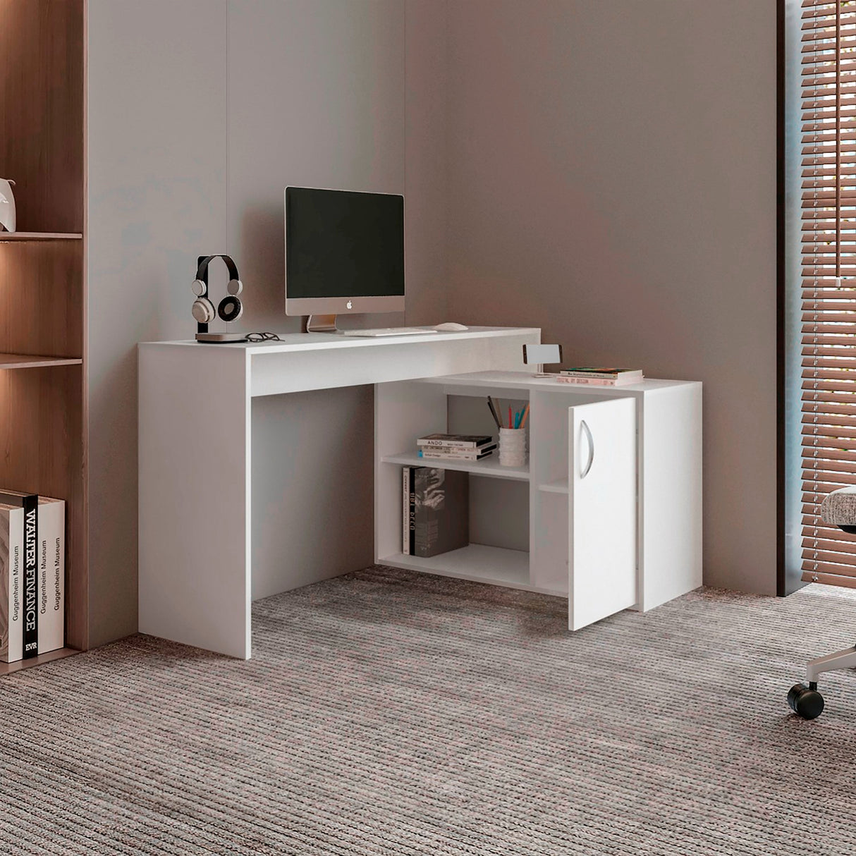 Escritorio en L Axis Eco Blanco 125x71cm con Organizador de Libros y sin Cajones - ESCRITORIOS | Bylmo