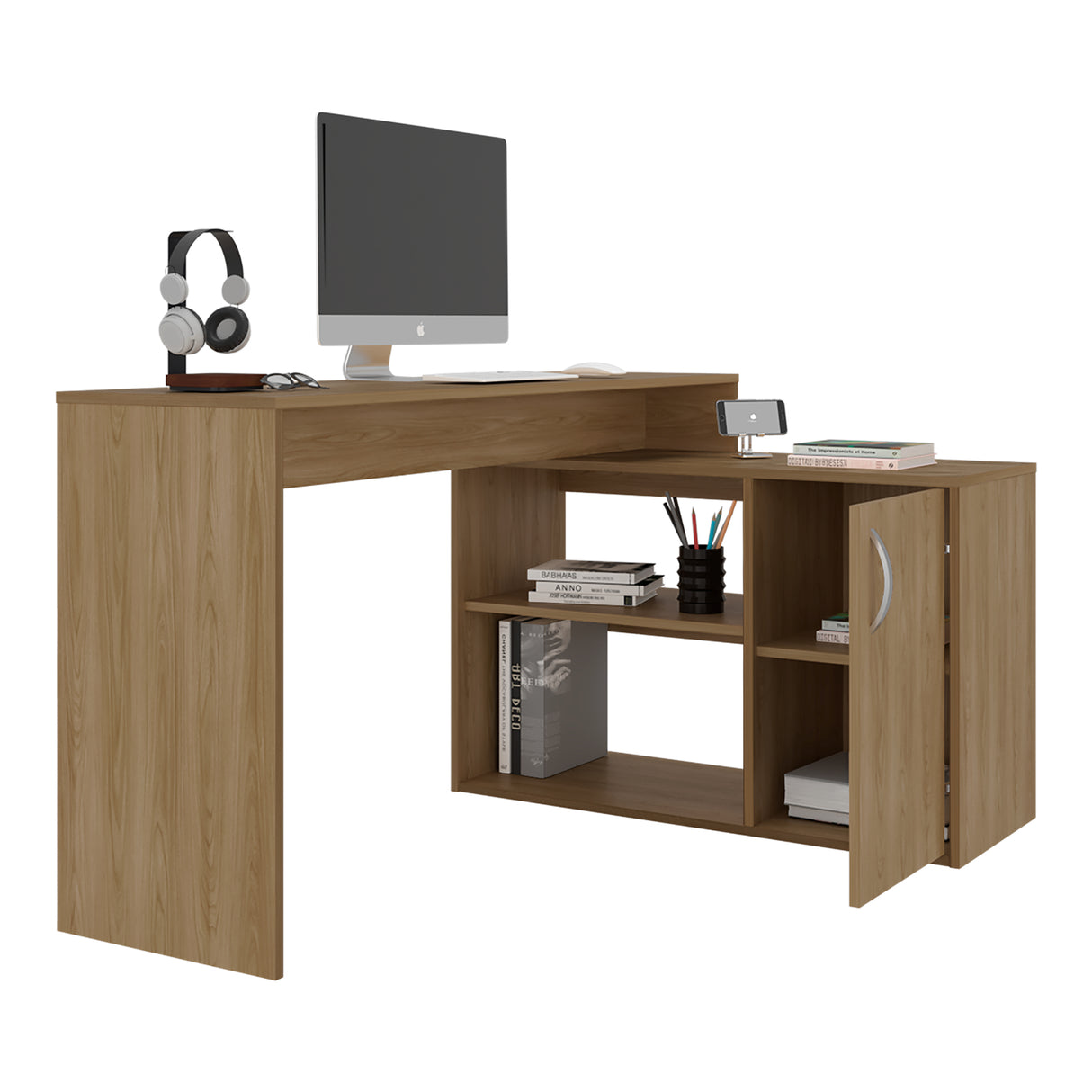 Escritorio en L Axis Eco Fresno 125x71cm con Organizador de Libros y sin Cajones - ESCRITORIOS | Bylmo