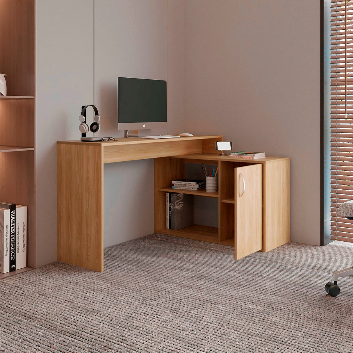 Escritorio en L Axis Eco Fresno 125x71cm con Organizador de Libros y sin Cajones - ESCRITORIOS | Bylmo