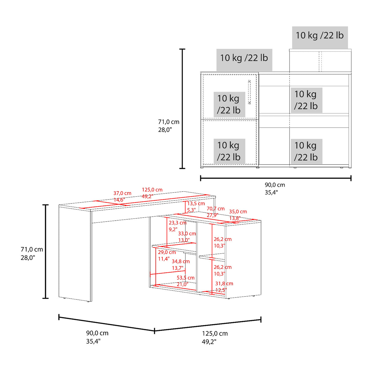 Escritorio en L Axis Eco Fresno 125x71cm con Organizador de Libros y sin Cajones - ESCRITORIOS | Bylmo