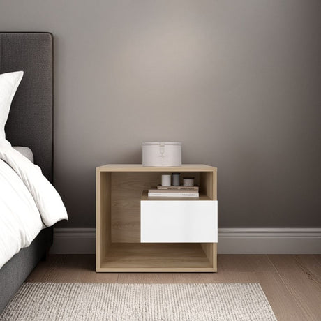 Mesa de Noche Bud Fresno Europeo y Blanco 50x43cm con Un Cajón y con Un Compartimiento - MESAS DE NOCHE | Bylmo