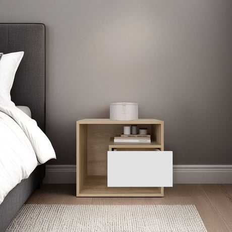 Mesa de Noche Bud Fresno Europeo y Blanco 50x43cm con Un Cajón y con Un Compartimiento - MESAS DE NOCHE | Bylmo