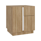 Mesa de Noche Carmi Fresno Europeo y Blanco 45x52cm con Un Cajón y con Tres Compartimientos - MESAS DE NOCHE | Bylmo
