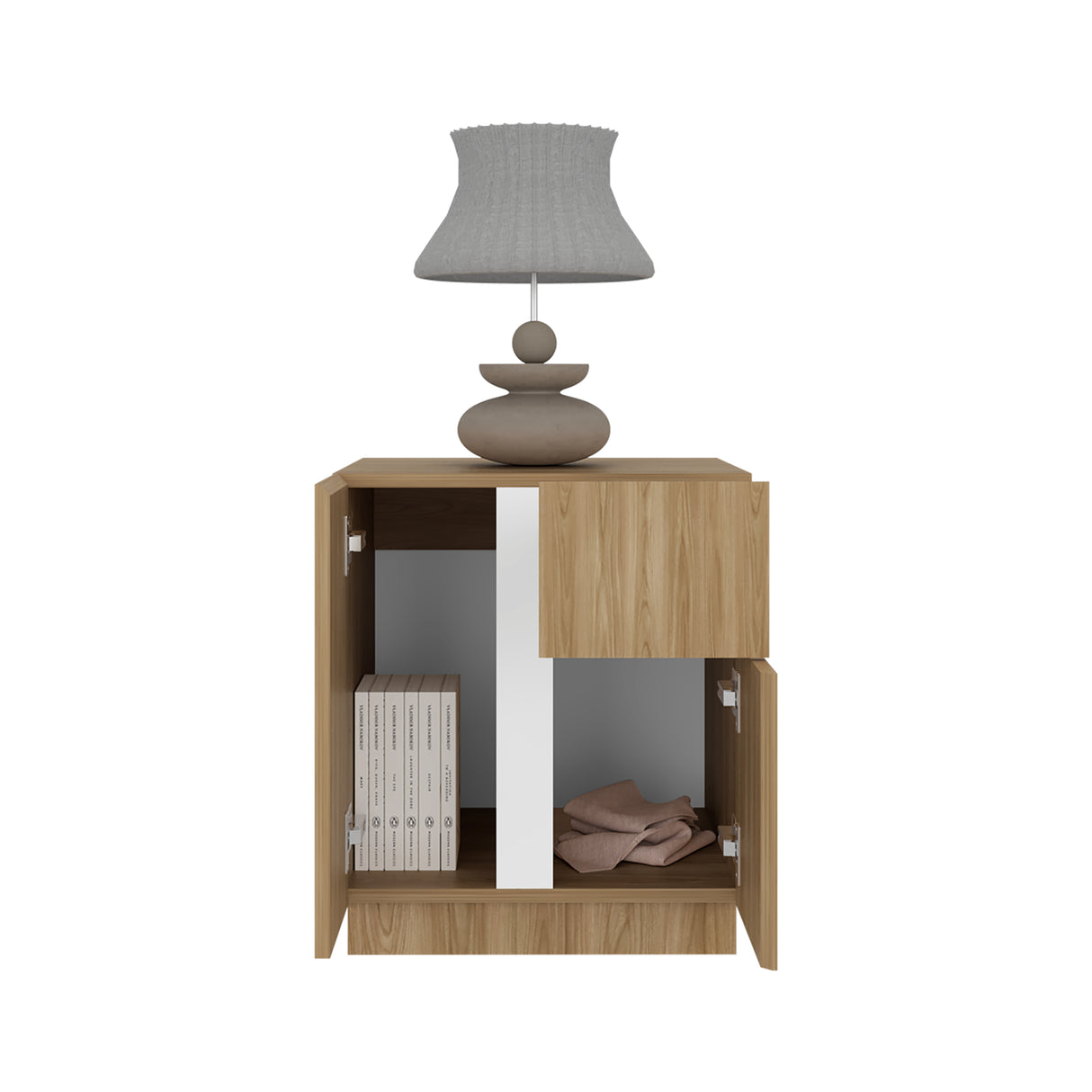 Mesa de Noche Carmi Fresno Europeo y Blanco 45x52cm con Un Cajón y con Tres Compartimientos - MESAS DE NOCHE | Bylmo