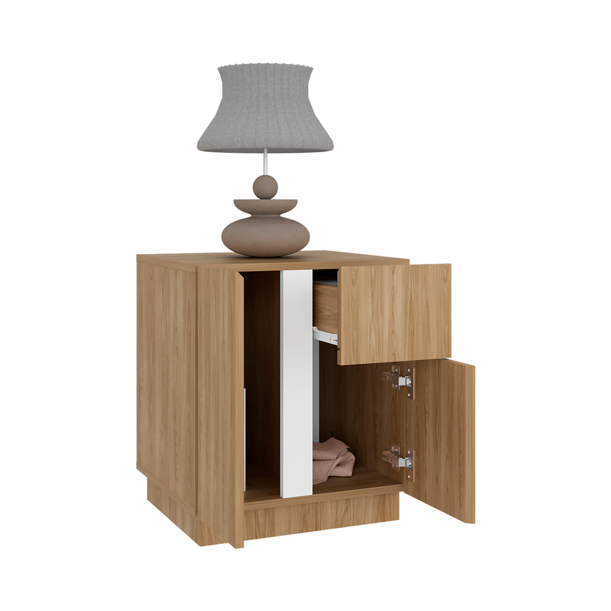 Mesa de Noche Carmi Fresno Europeo y Blanco 45x52cm con Un Cajón y con Tres Compartimientos - MESAS DE NOCHE | Bylmo