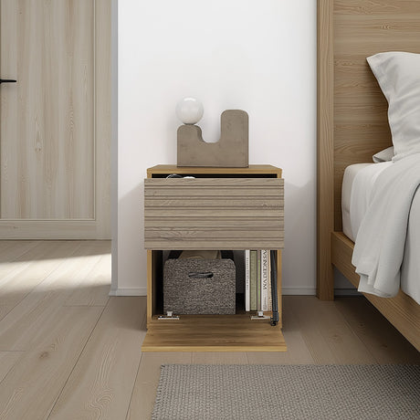 Mesa de Noche WandaL Fresno Europeo y Roble Natural 42.6x52cm con Un Cajón y con Dos Compartimientos - MESAS DE NOCHE | Bylmo
