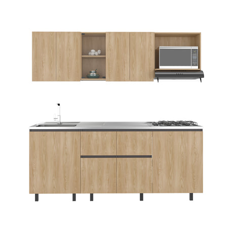 Cocina Amantia Fresno Europeo y Plomo 212x62cm sin Meson sin Estufa y con Espacio para Microondas - COCINAS | Bylmo