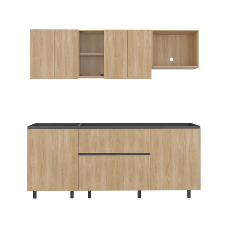 Cocina Amantia Fresno Europeo y Plomo 212x62cm sin Meson sin Estufa y con Espacio para Microondas - COCINAS | Bylmo
