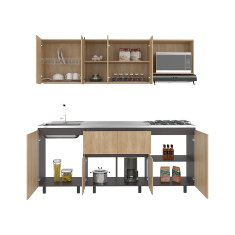 Cocina Amantia Fresno Europeo y Plomo 212x62cm sin Meson sin Estufa y con Espacio para Microondas - COCINAS | Bylmo