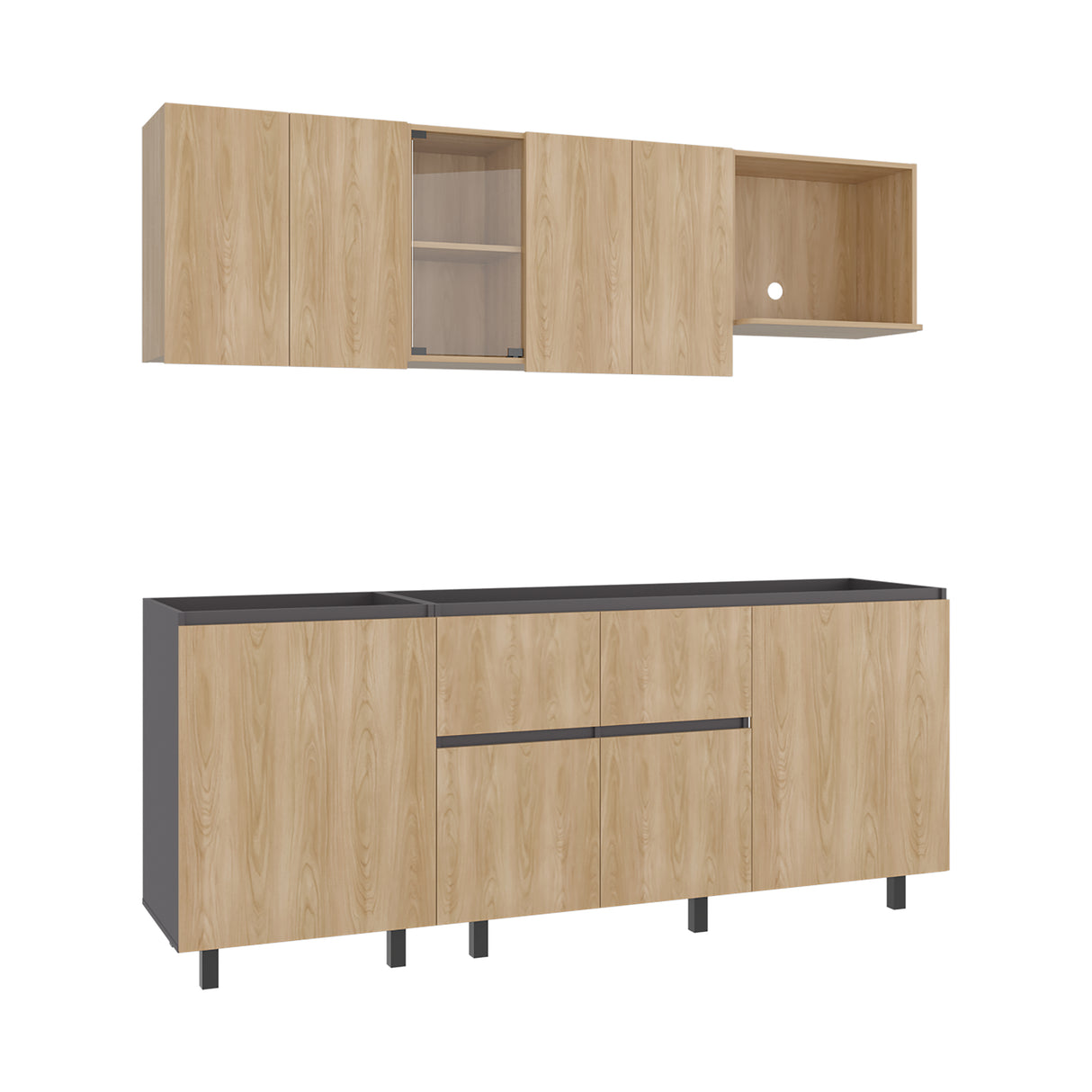 Cocina Amantia Fresno Europeo y Plomo 212x62cm sin Meson sin Estufa y con Espacio para Microondas - COCINAS | Bylmo