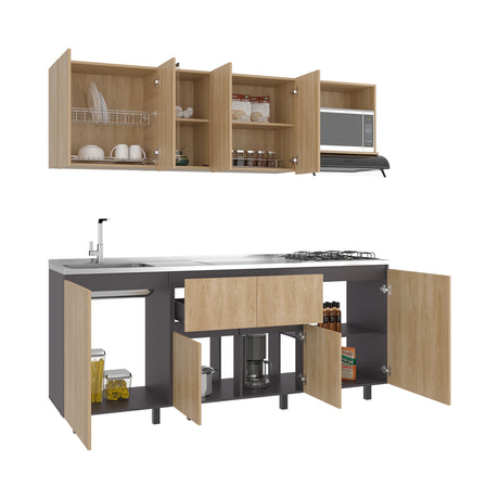 Cocina Amantia Fresno Europeo y Plomo 212x62cm sin Meson sin Estufa y con Espacio para Microondas - COCINAS | Bylmo