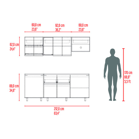 Cocina Amantia Fresno Europeo y Plomo 212x62cm sin Meson sin Estufa y con Espacio para Microondas - COCINAS | Bylmo