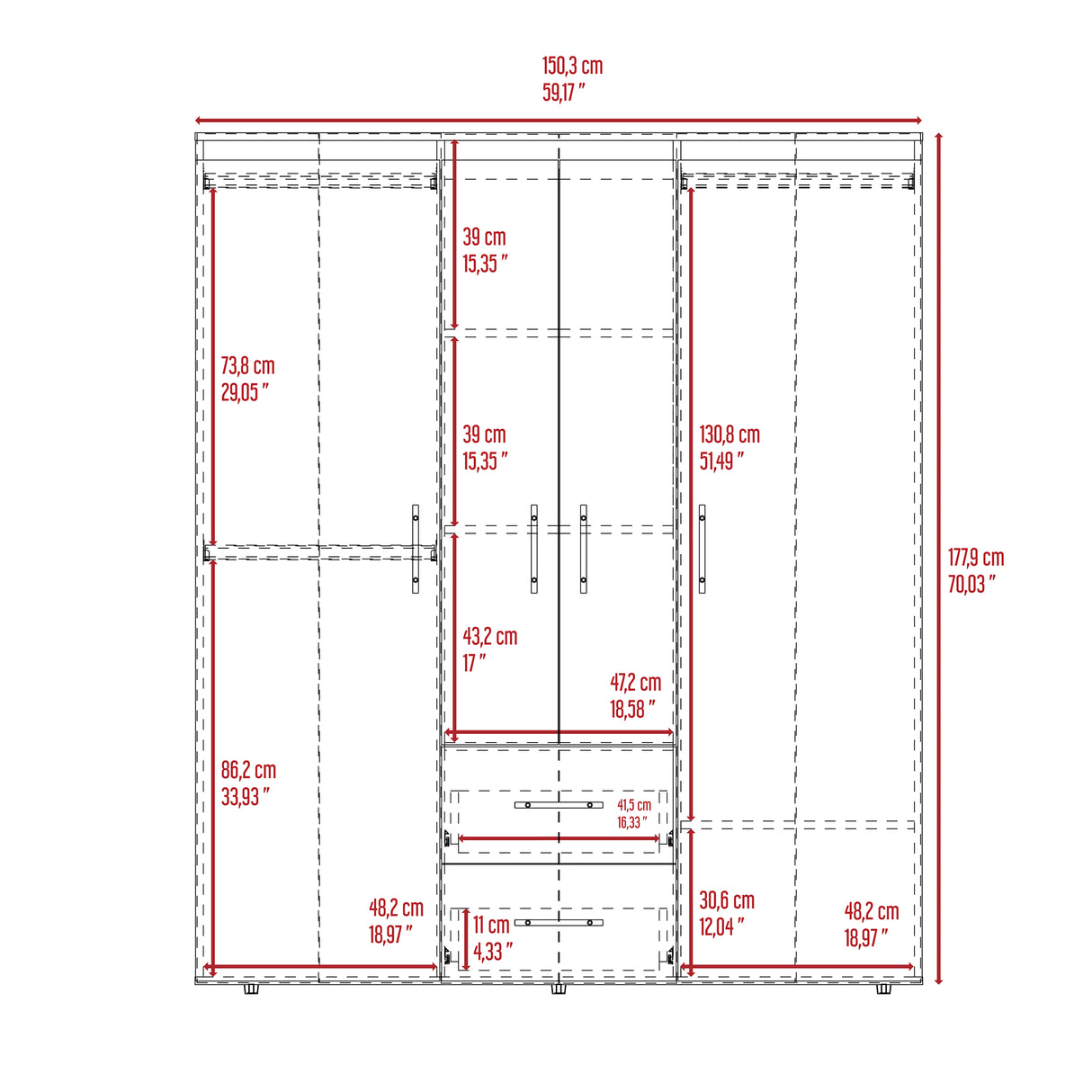 Closet Bariloche Eco Fresno Europeo 150.3x177.9cm con Cuatro Puertas y con Cuatro Cajones - CLOSETS | Bylmo