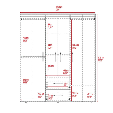 Closet Bariloche Eco Fresno Europeo y Blanco 150.3x177.9cm con Cuatro Puertas y con Cuatro Cajones - CLOSETS | Bylmo