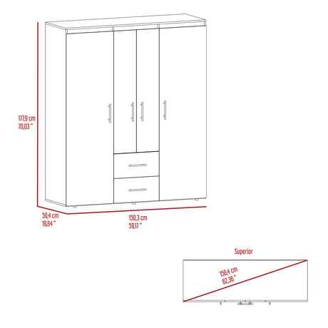 Closet Bariloche Eco Fresno Europeo y Blanco 150.3x177.9cm con Cuatro Puertas y con Cuatro Cajones - CLOSETS | Bylmo