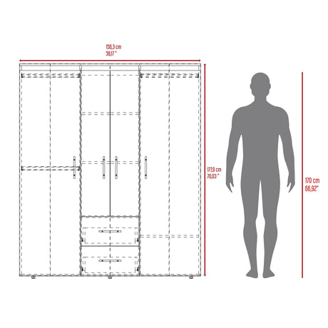 Closet Bariloche Eco Nogal 150.3x177.9cm con Cuatro Puertas y con Cuatro Cajones - CLOSETS | Bylmo