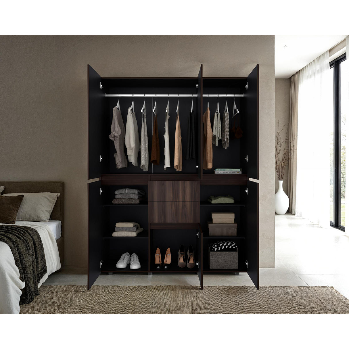 Closet Bea Nogal y Wengue 150x200cm con Seis Puertas y con Seis Cajones - CLOSETS | Bylmo