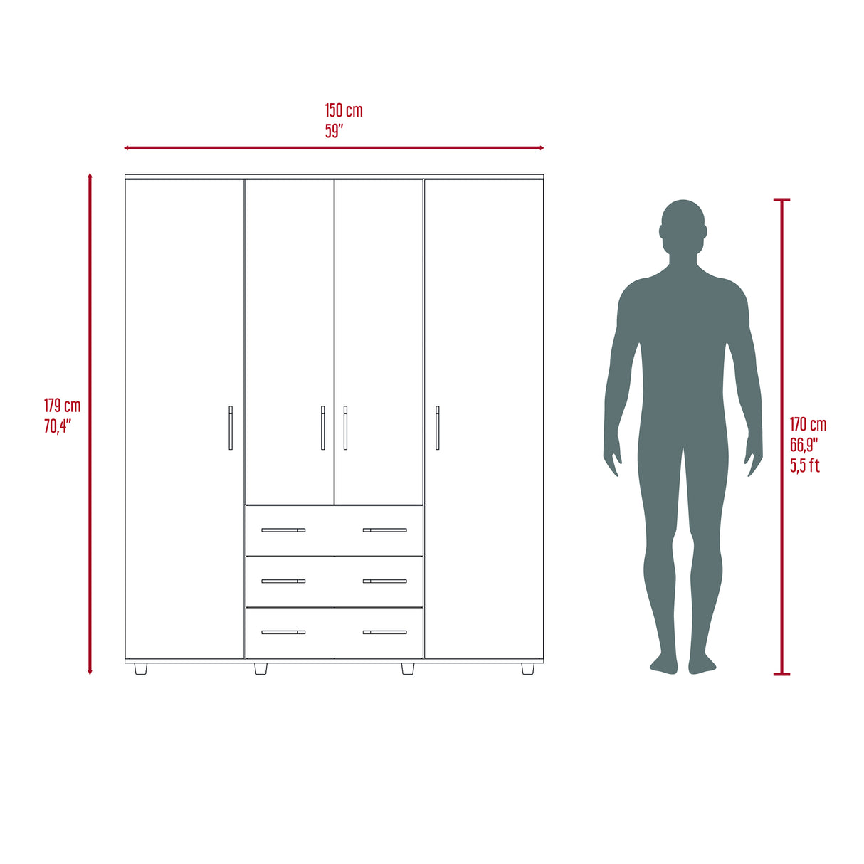 Closet Fontan Fresno Europeo 150x179cm con Cuatro Puertas y con Cuatro Cajones - CLOSETS | Bylmo