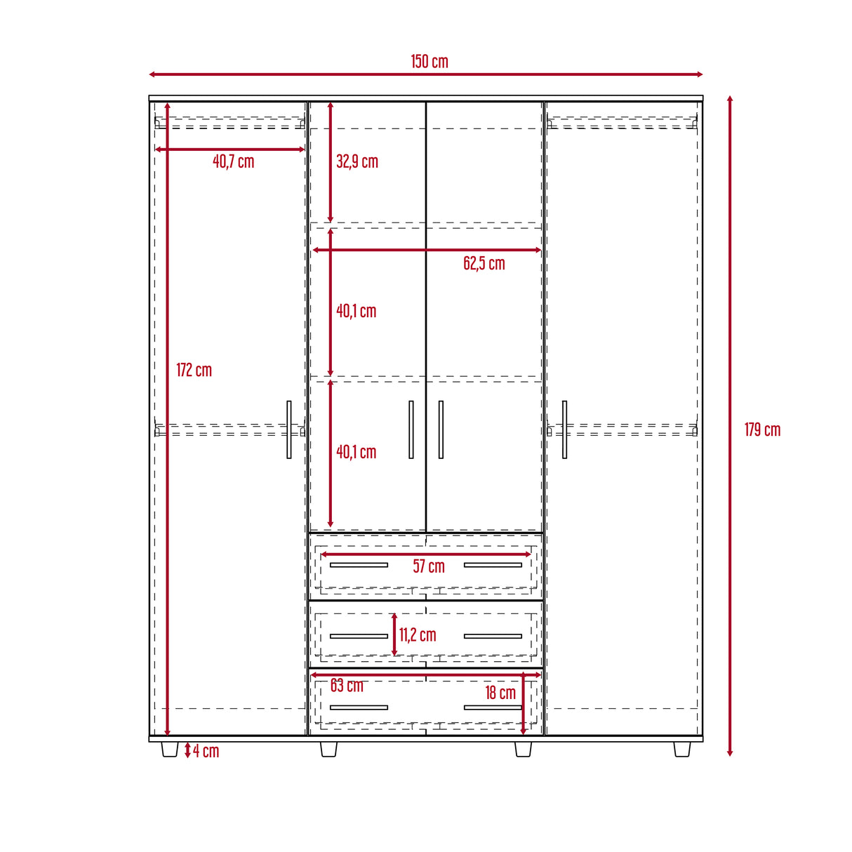 Closet Fontan Fresno Europeo 150x179cm con Cuatro Puertas y con Cuatro Cajones - CLOSETS | Bylmo