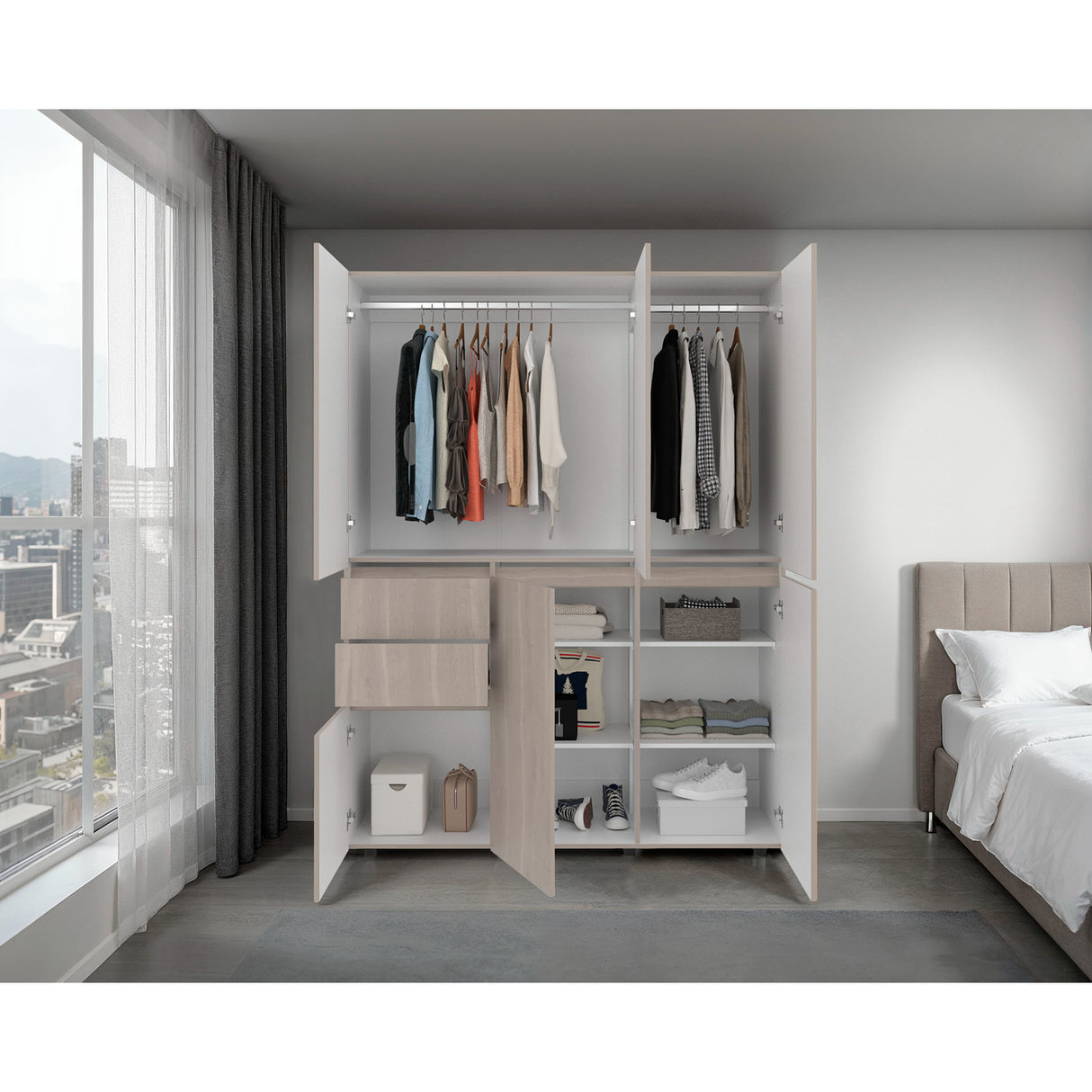 Closet Siruela Eco Bardolino y Blanco 150x200cm con Cinco Puertas y con Cinco Cajones - CLOSETS | Bylmo
