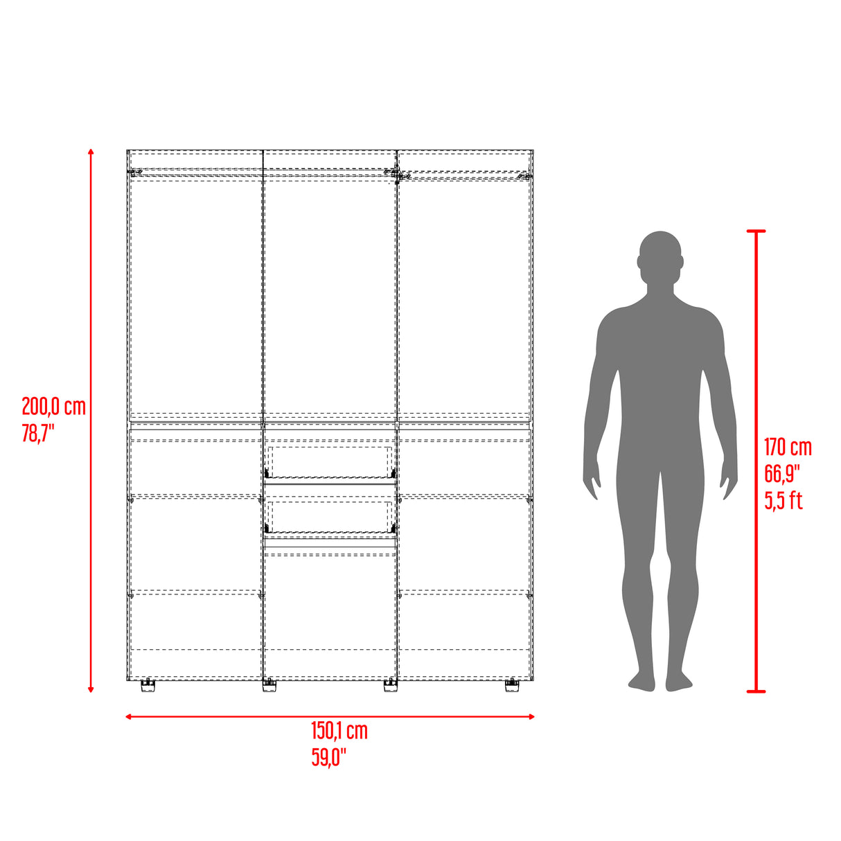 Closet Siruela Eco Bardolino y Blanco 150x200cm con Cinco Puertas y con Cinco Cajones - CLOSETS | Bylmo
