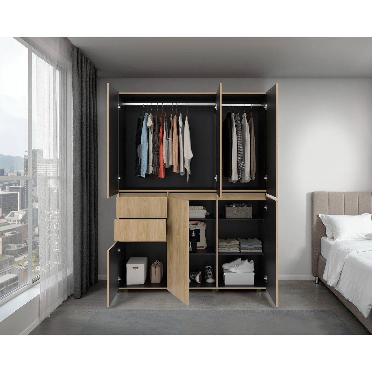 Closet Siruela Eco Bardolino y Wengue 150x200cm con Cinco Puertas y con Cinco Cajones - CLOSETS | Bylmo
