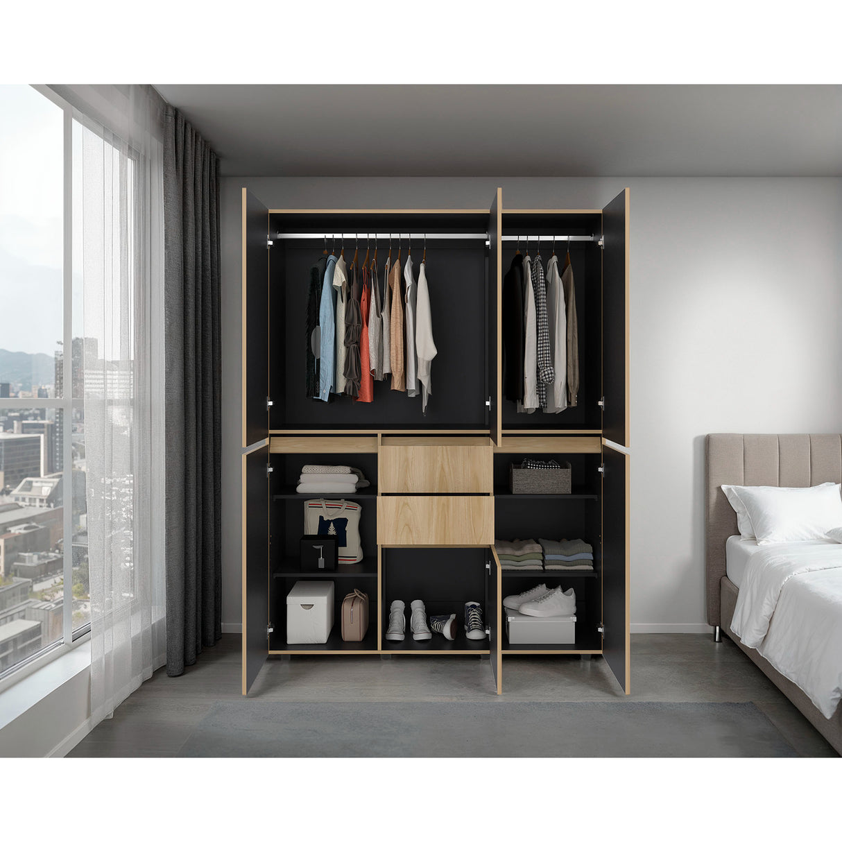 Closet Siruela Eco Bardolino y Wengue 150x200cm con Cinco Puertas y con Cinco Cajones - CLOSETS | Bylmo