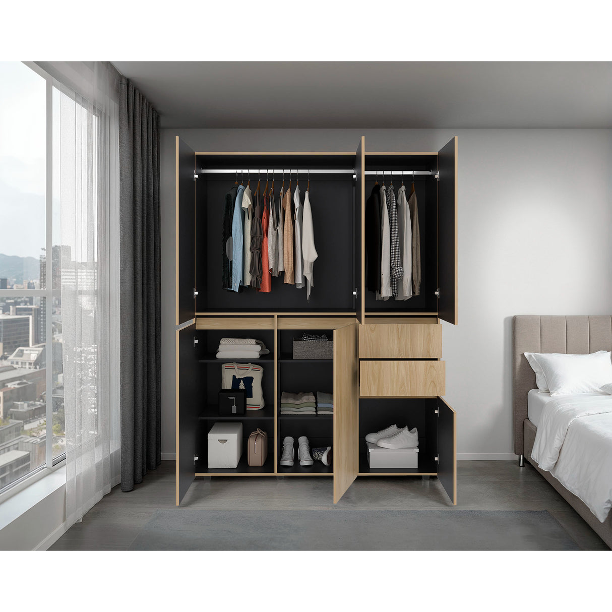 Closet Siruela Eco Bardolino y Wengue 150x200cm con Cinco Puertas y con Cinco Cajones - CLOSETS | Bylmo