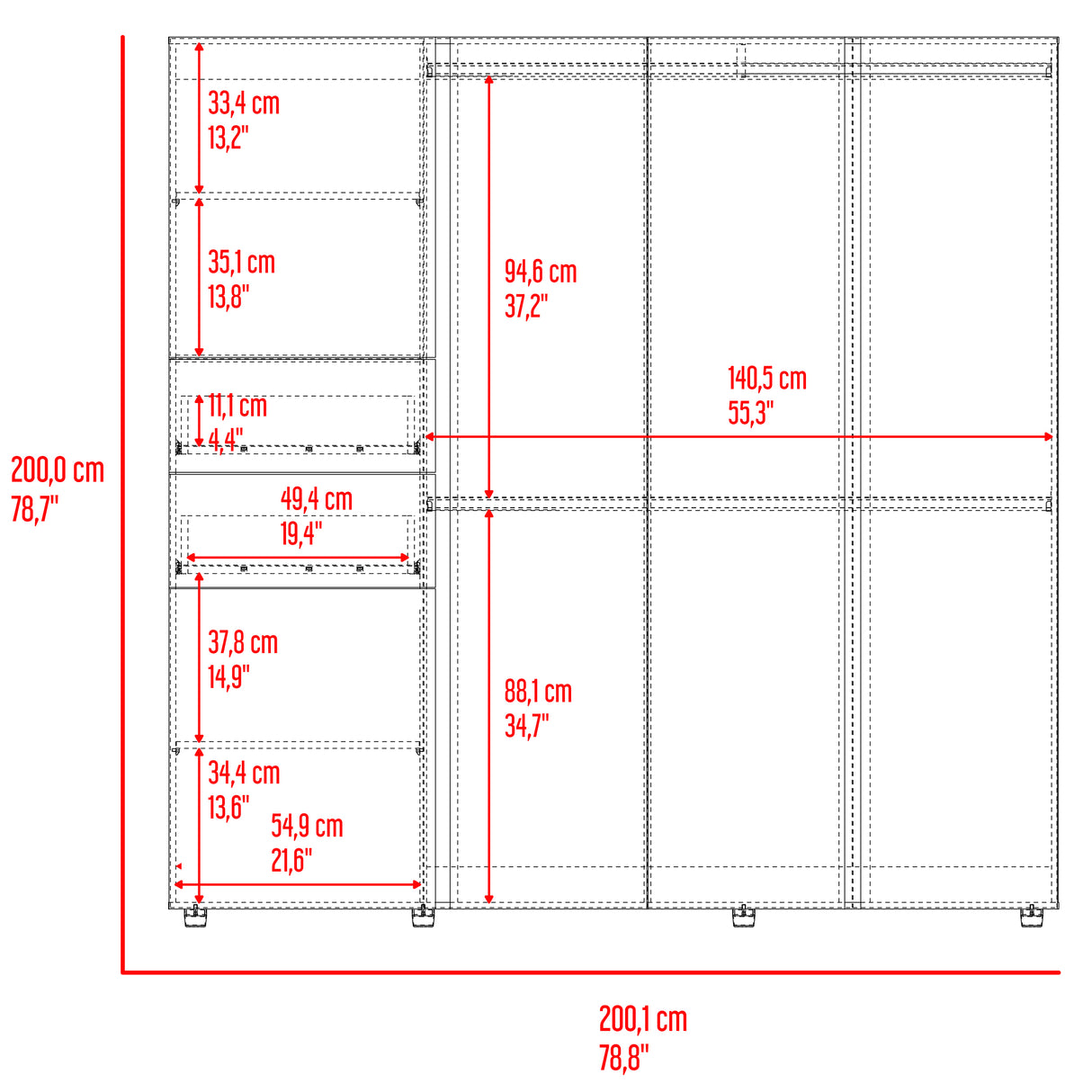 Closet Antalya Avellana y Blanco 200x200cm con Cinco Puertas y con Diez Compartimientos - CLOSETS | Bylmo