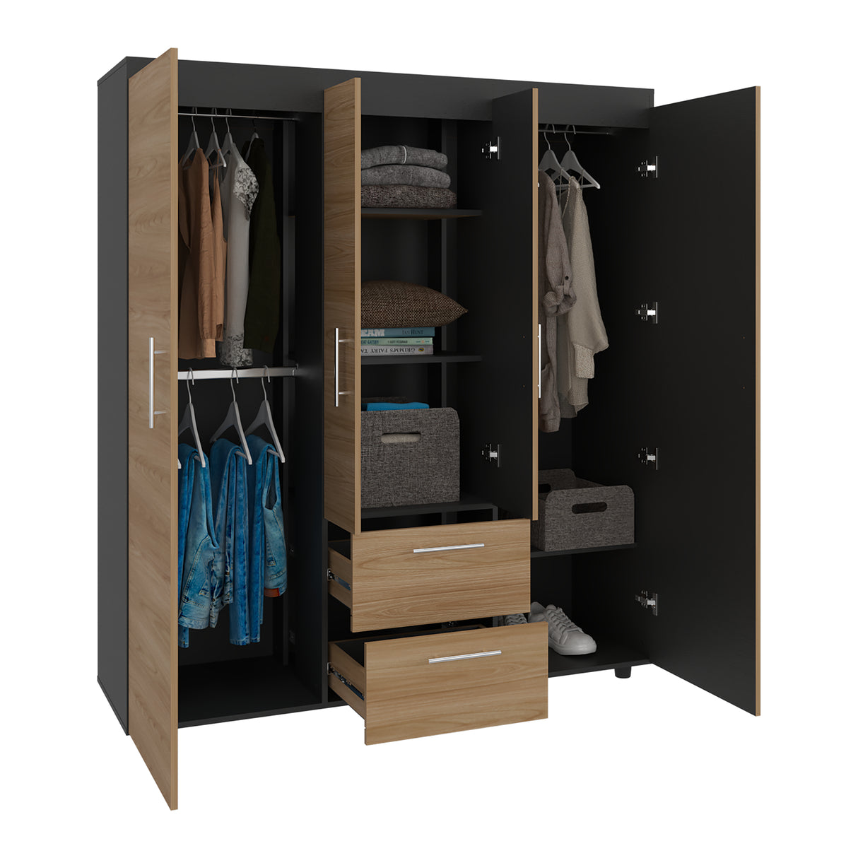 Closet Marcus Wengue y Fresno 150.3x170cm con Cuatro Puertas y con Nueve Compartimientos - CLOSETS | Bylmo